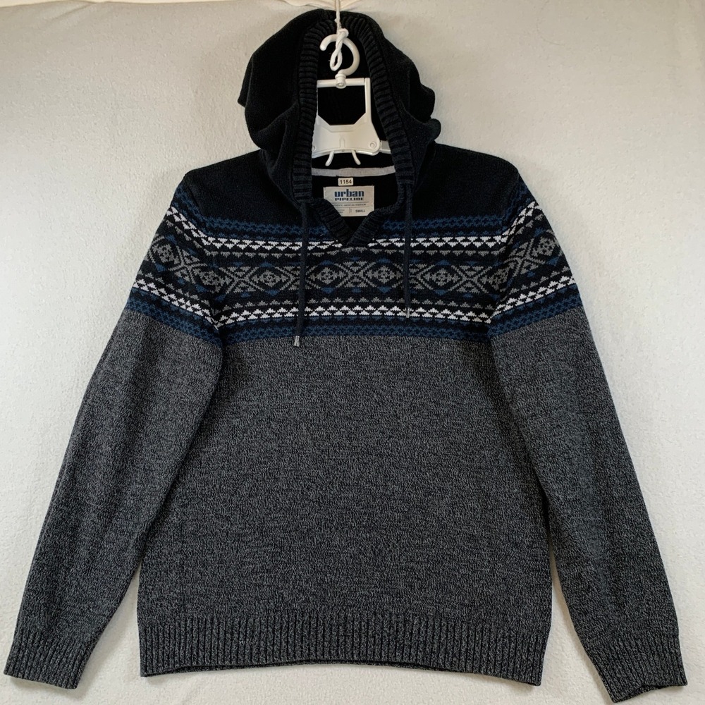 Urban Pipeline‎ Men's Pullover Hoodie Knit Sweater Aztec Fair Isle Navy Blue S